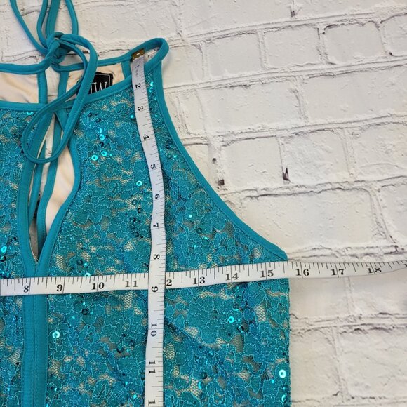 NWOT NIGHT WAY teal Floral Lace Sheath Mini Dress Women Size 10 - Picture 5 of 12